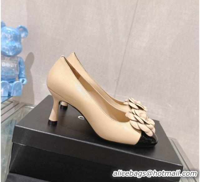 Low Price Chanel Camellia Bloom Lambskin & Patent Calfskin Pumps 7cm Beige 0224029