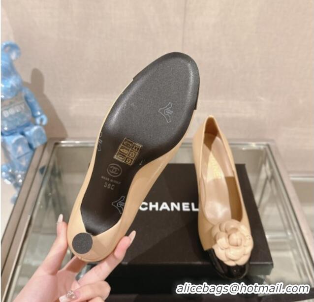 Low Price Chanel Camellia Bloom Lambskin & Patent Calfskin Pumps 7cm Beige 0224029