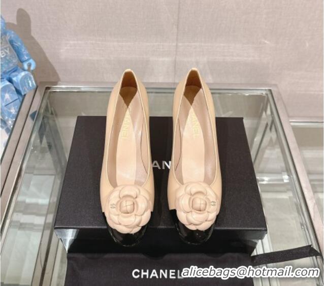 Low Price Chanel Camellia Bloom Lambskin & Patent Calfskin Pumps 7cm Beige 0224029