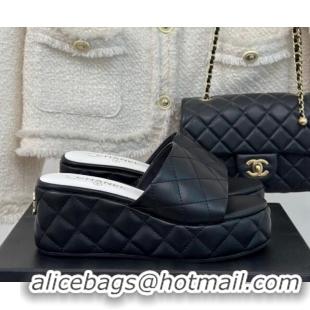 Elegant Chanel Quilted Lambskin Wedge Platform Slide Sandals 6.5cm Black 0224031