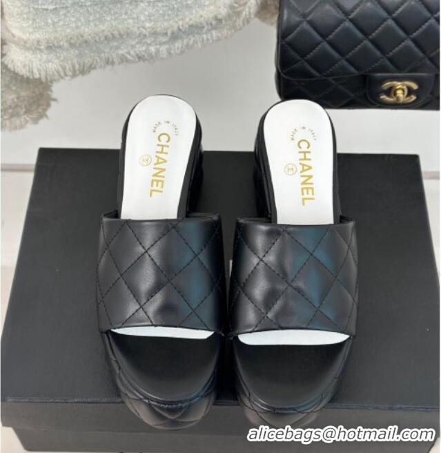 Elegant Chanel Quilted Lambskin Wedge Platform Slide Sandals 6.5cm Black 0224031