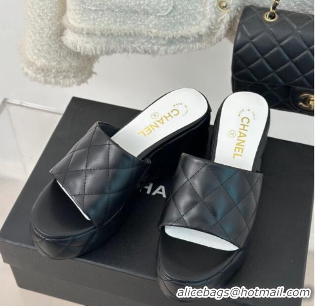 Elegant Chanel Quilted Lambskin Wedge Platform Slide Sandals 6.5cm Black 0224031