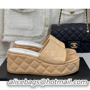 New Style Chanel Quilted Lambskin Wedge Platform Slide Sandals 6.5cm Beige 0224032