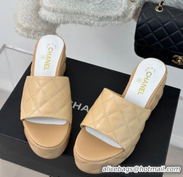 New Style Chanel Quilted Lambskin Wedge Platform Slide Sandals 6.5cm Beige 0224032