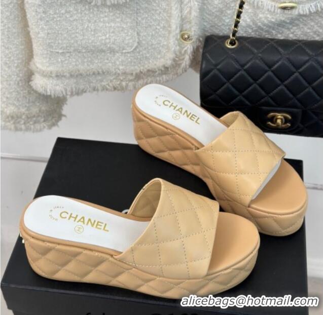 New Style Chanel Quilted Lambskin Wedge Platform Slide Sandals 6.5cm Beige 0224032