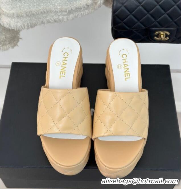 New Style Chanel Quilted Lambskin Wedge Platform Slide Sandals 6.5cm Beige 0224032