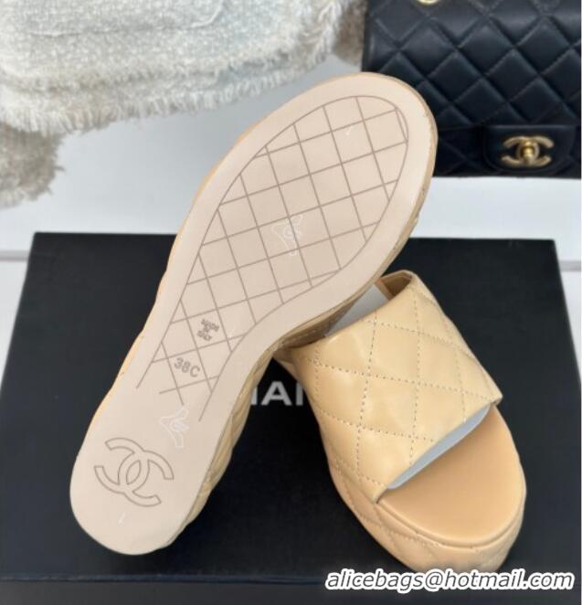 New Style Chanel Quilted Lambskin Wedge Platform Slide Sandals 6.5cm Beige 0224032