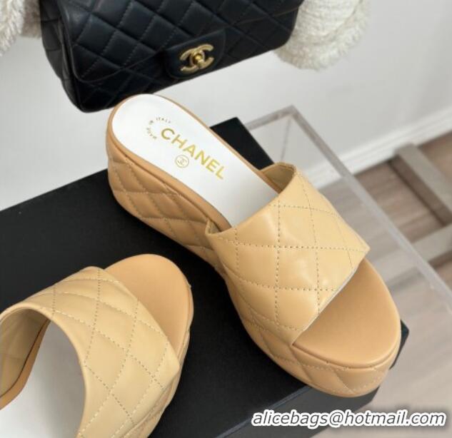 New Style Chanel Quilted Lambskin Wedge Platform Slide Sandals 6.5cm Beige 0224032