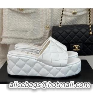 Duplicate Chanel Quilted Lambskin Wedge Platform Slide Sandals 6.5cm White 0224033