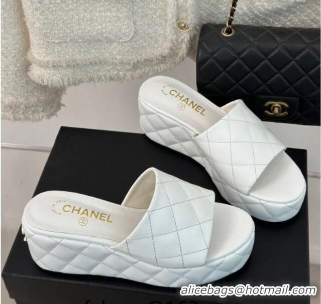 Duplicate Chanel Quilted Lambskin Wedge Platform Slide Sandals 6.5cm White 0224033