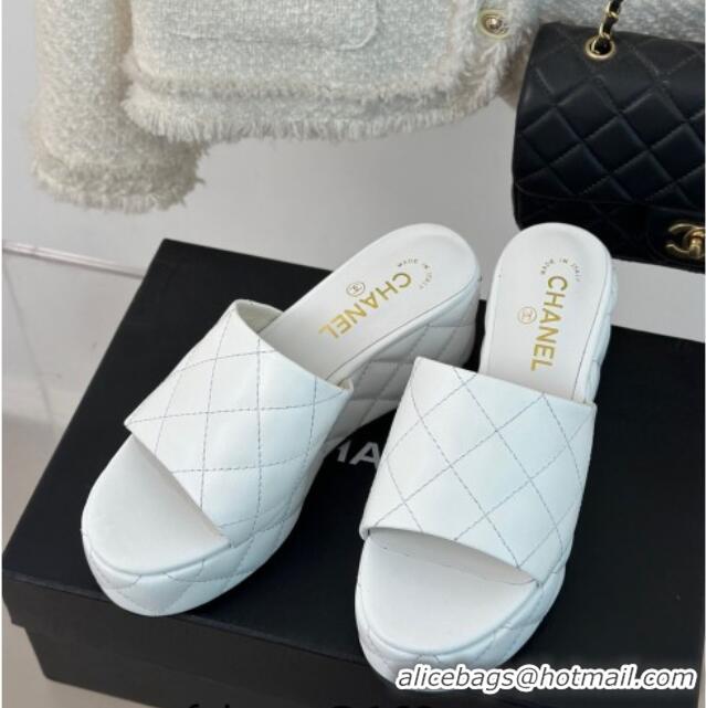 Duplicate Chanel Quilted Lambskin Wedge Platform Slide Sandals 6.5cm White 0224033