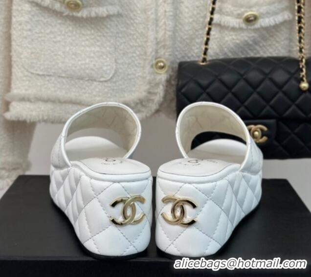 Duplicate Chanel Quilted Lambskin Wedge Platform Slide Sandals 6.5cm White 0224033