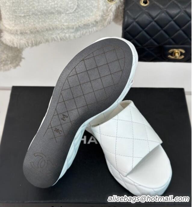 Duplicate Chanel Quilted Lambskin Wedge Platform Slide Sandals 6.5cm White 0224033