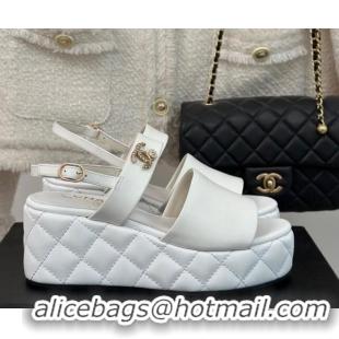 Sophisticated Chanel Lambskin Wedge Platform Sandals 6.5cm with Bloom CC White 0224035