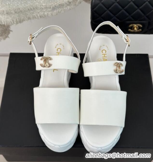 Sophisticated Chanel Lambskin Wedge Platform Sandals 6.5cm with Bloom CC White 0224035