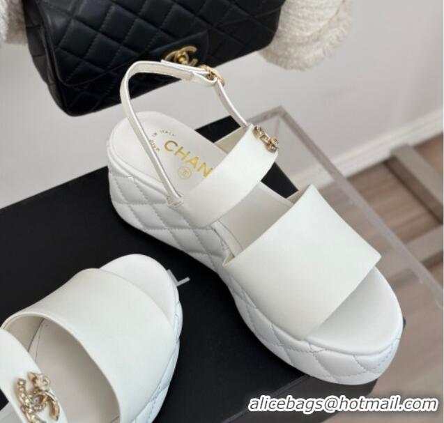 Sophisticated Chanel Lambskin Wedge Platform Sandals 6.5cm with Bloom CC White 0224035