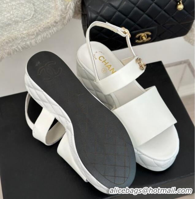 Sophisticated Chanel Lambskin Wedge Platform Sandals 6.5cm with Bloom CC White 0224035