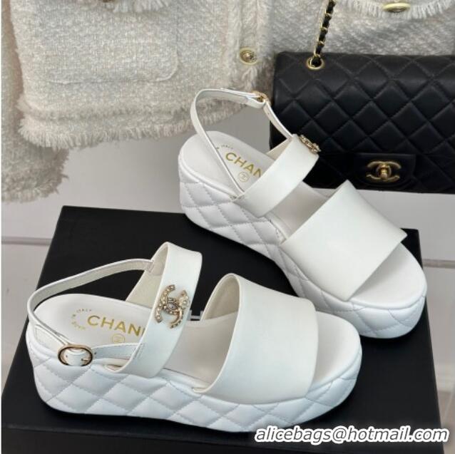 Sophisticated Chanel Lambskin Wedge Platform Sandals 6.5cm with Bloom CC White 0224035