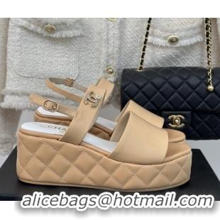 Top Quality Chanel Lambskin Wedge Platform Sandals 6.5cm with Bloom CC Beige 0224036