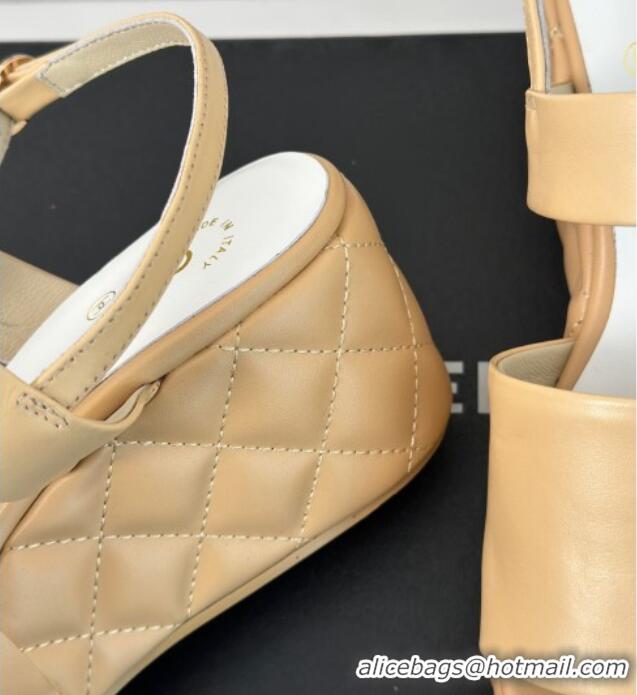 Top Quality Chanel Lambskin Wedge Platform Sandals 6.5cm with Bloom CC Beige 0224036