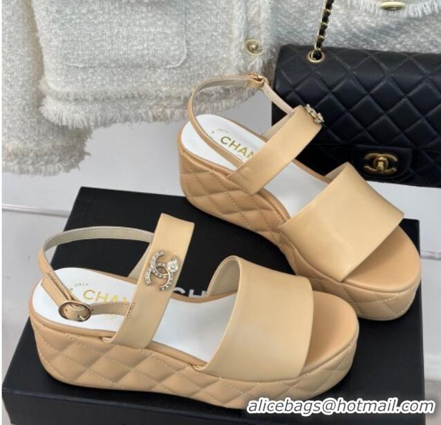 Top Quality Chanel Lambskin Wedge Platform Sandals 6.5cm with Bloom CC Beige 0224036