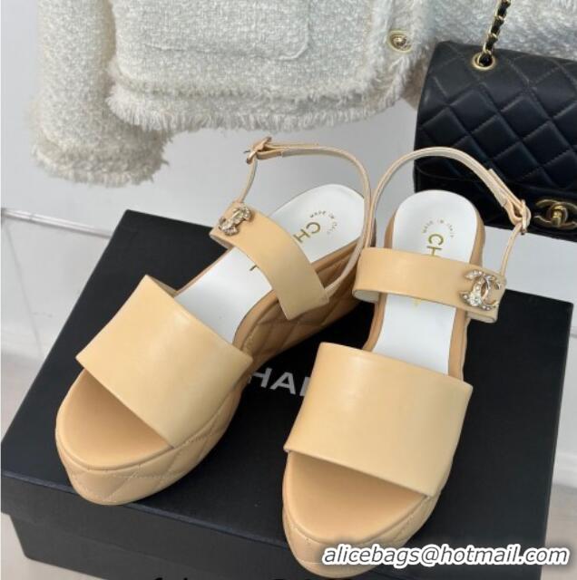 Top Quality Chanel Lambskin Wedge Platform Sandals 6.5cm with Bloom CC Beige 0224036