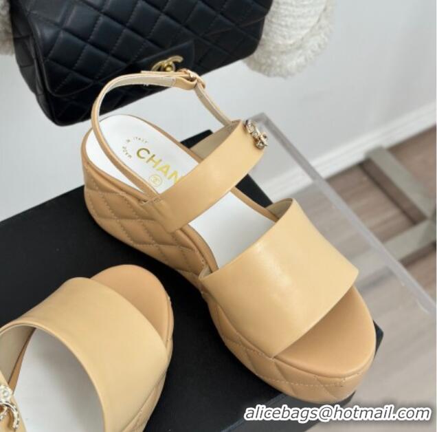 Top Quality Chanel Lambskin Wedge Platform Sandals 6.5cm with Bloom CC Beige 0224036