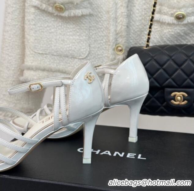 Top Quality Chanel Shiny Calfskin Heel Sandals 7cm White 224037