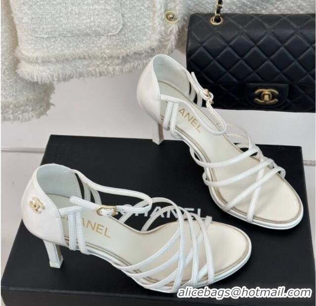 Top Quality Chanel Shiny Calfskin Heel Sandals 7cm White 224037