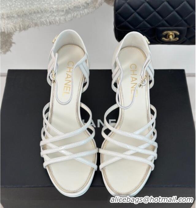 Top Quality Chanel Shiny Calfskin Heel Sandals 7cm White 224037