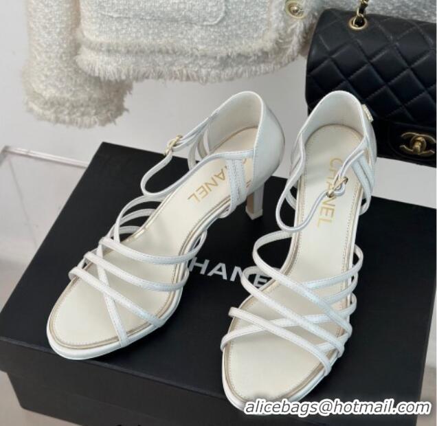 Top Quality Chanel Shiny Calfskin Heel Sandals 7cm White 224037