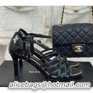 Low Price Chanel Shiny Calfskin Heel Sandals 7cm Black 224038