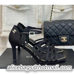 Buy Duplicate Chanel Satin Heel Sandals 7cm Black 224039