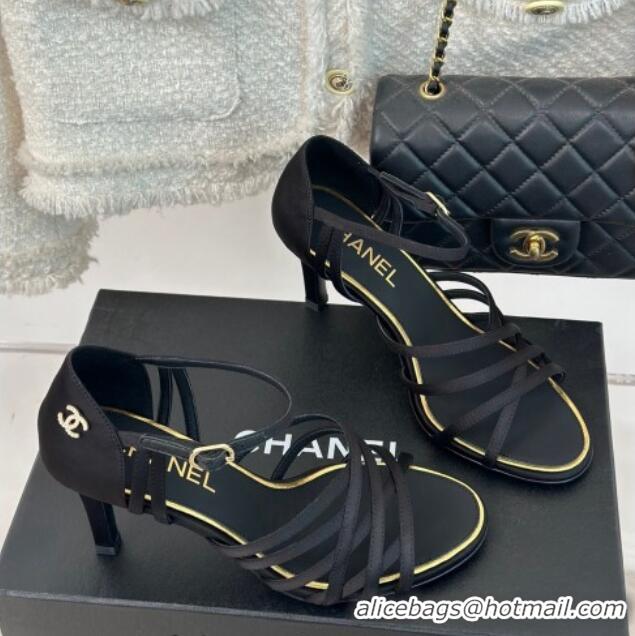 Buy Duplicate Chanel Satin Heel Sandals 7cm Black 224039