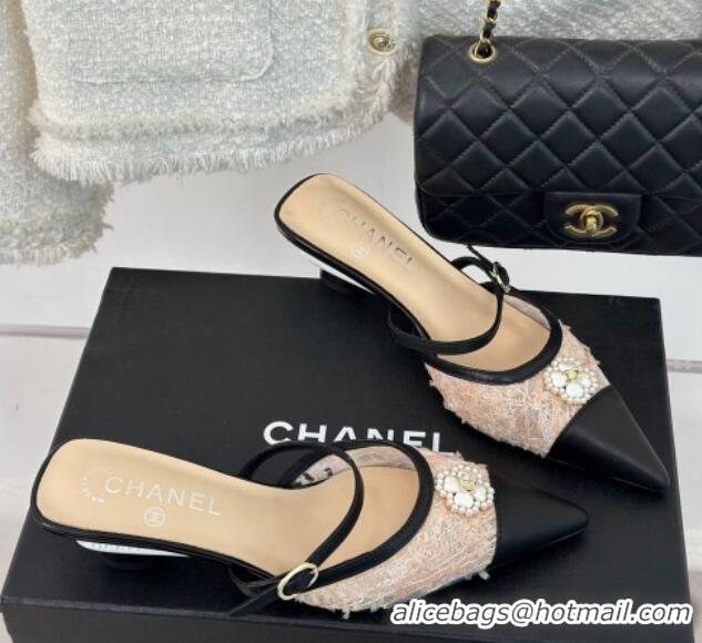 Best Grade Chanel Tweed Mesh Heel Slide Sandals 3.5cm with Pearl Clover Beige 0224041