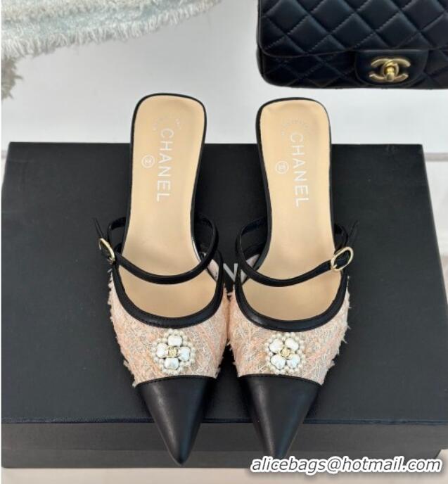 Best Grade Chanel Tweed Mesh Heel Slide Sandals 3.5cm with Pearl Clover Beige 0224041