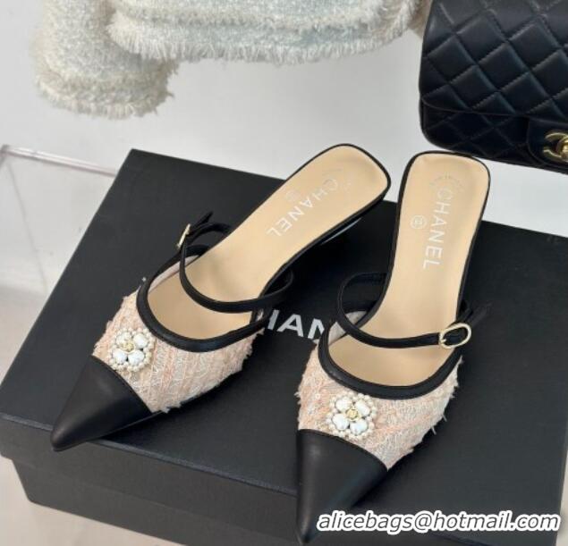 Best Grade Chanel Tweed Mesh Heel Slide Sandals 3.5cm with Pearl Clover Beige 0224041