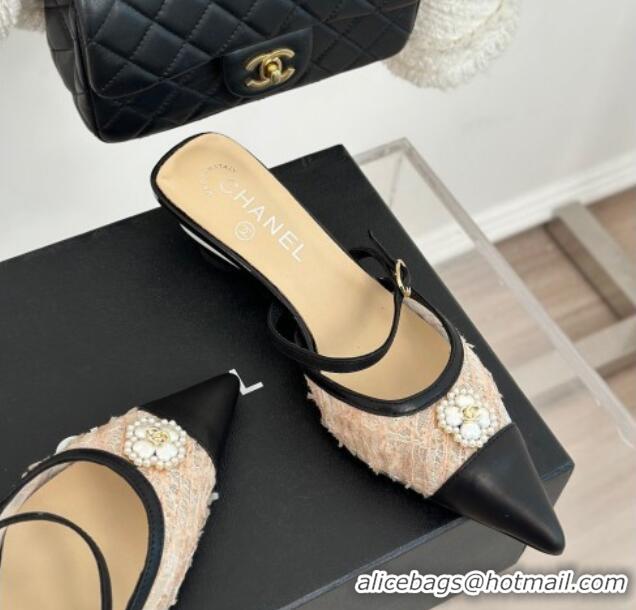 Best Grade Chanel Tweed Mesh Heel Slide Sandals 3.5cm with Pearl Clover Beige 0224041