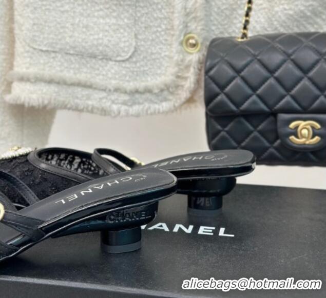 Good Quality Chanel Tweed Mesh Heel Slide Sandals 3.5cm with Pearl Clover Black 40224042