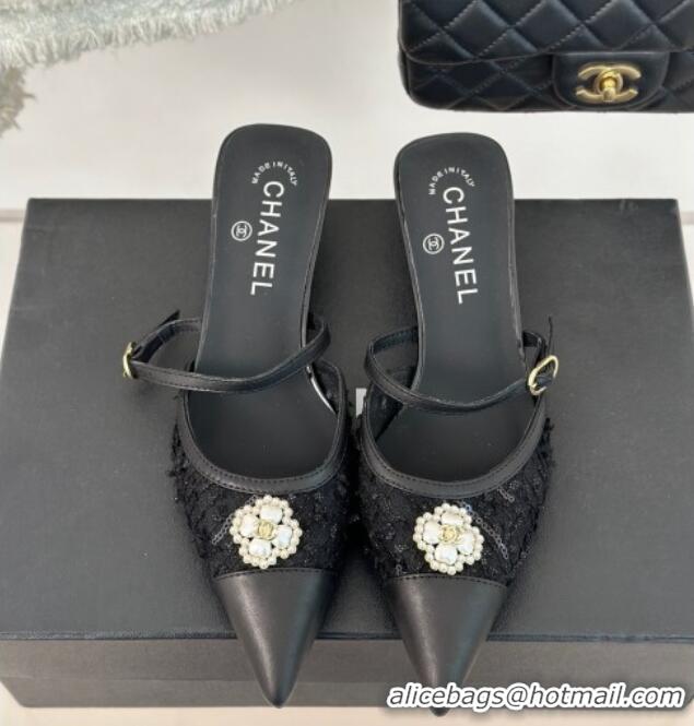 Good Quality Chanel Tweed Mesh Heel Slide Sandals 3.5cm with Pearl Clover Black 40224042