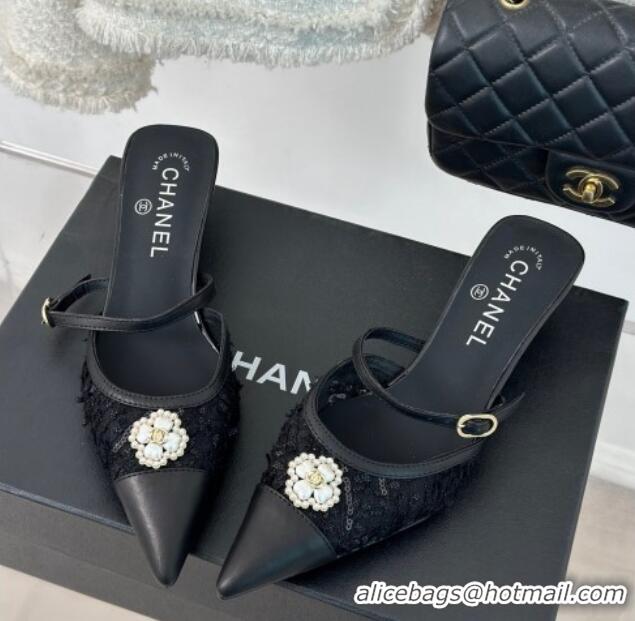 Good Quality Chanel Tweed Mesh Heel Slide Sandals 3.5cm with Pearl Clover Black 40224042