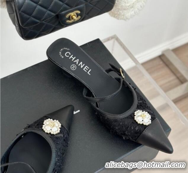 Good Quality Chanel Tweed Mesh Heel Slide Sandals 3.5cm with Pearl Clover Black 40224042