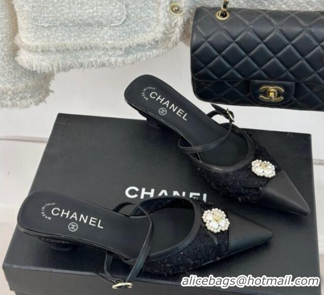 Good Quality Chanel Tweed Mesh Heel Slide Sandals 3.5cm with Pearl Clover Black 40224042