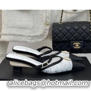 Charming Chanel Tweed Mesh Heel Slide Sandals 3.5cm with Pearl Clover White 0224043