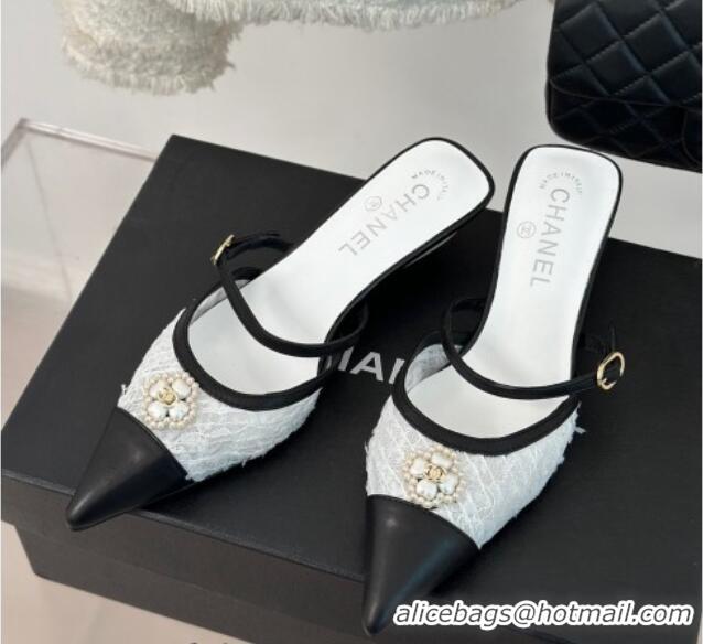 Charming Chanel Tweed Mesh Heel Slide Sandals 3.5cm with Pearl Clover White 0224043