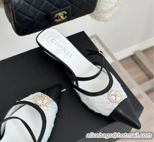 Charming Chanel Tweed Mesh Heel Slide Sandals 3.5cm with Pearl Clover White 0224043