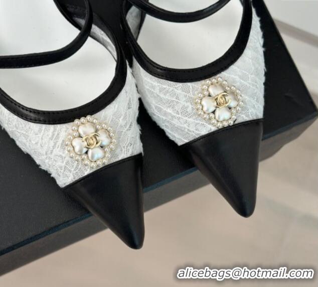 Charming Chanel Tweed Mesh Heel Slide Sandals 3.5cm with Pearl Clover White 0224043