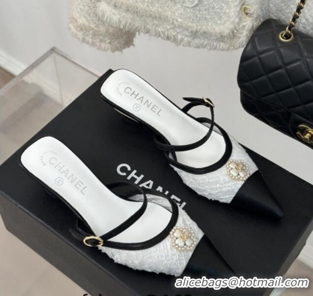 Charming Chanel Tweed Mesh Heel Slide Sandals 3.5cm with Pearl Clover White 0224043