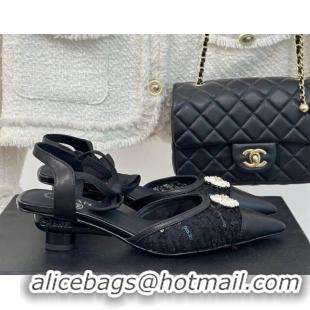 Top Grade Chanel Mesh Heel Sandals 3.5cm with Pearl Clover and Bow Black 224044