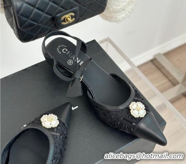 Top Grade Chanel Mesh Heel Sandals 3.5cm with Pearl Clover and Bow Black 224044